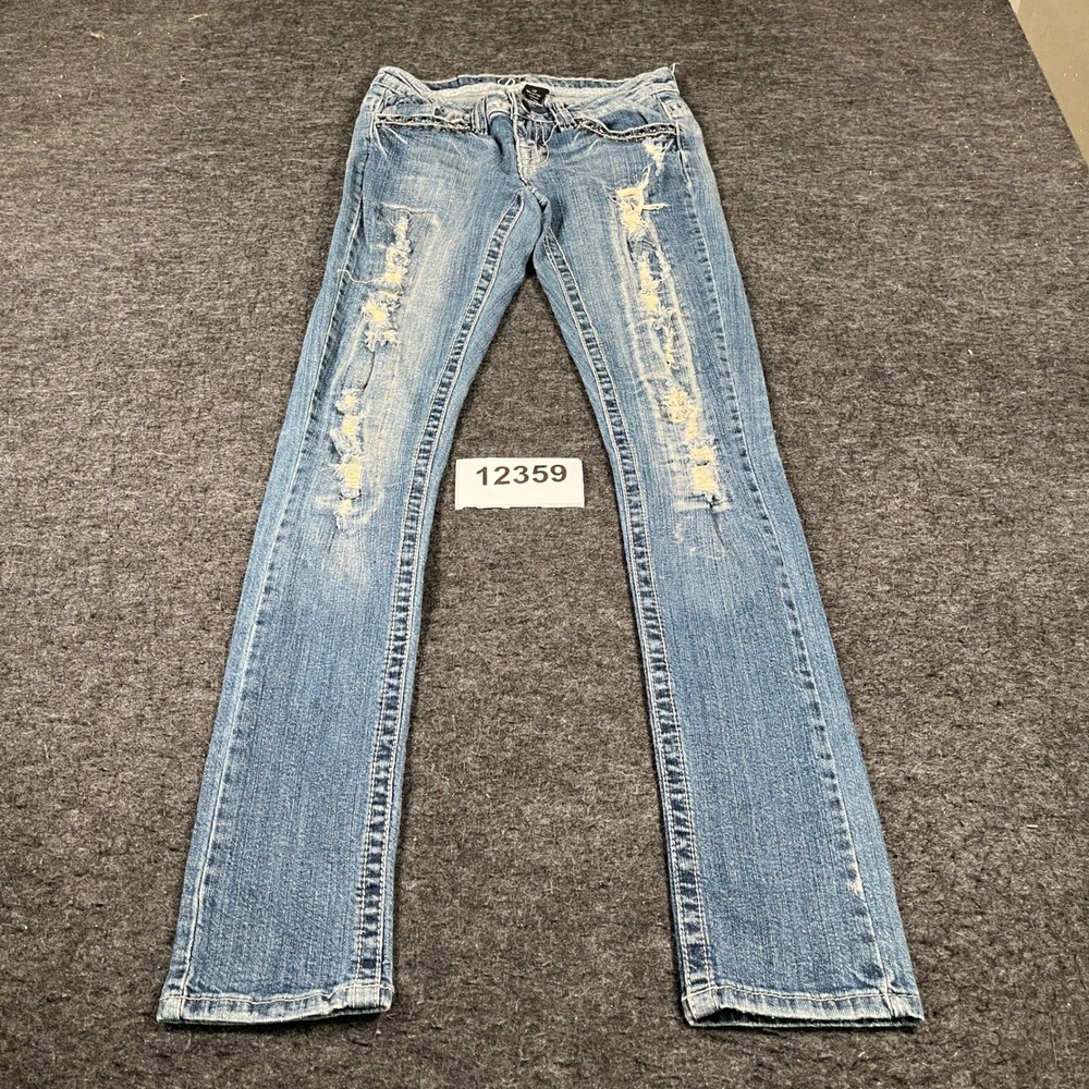 Premiere Skinny Leg Jeans Womens 1/2 Blue Denim Stretch Distressed Rhinestone